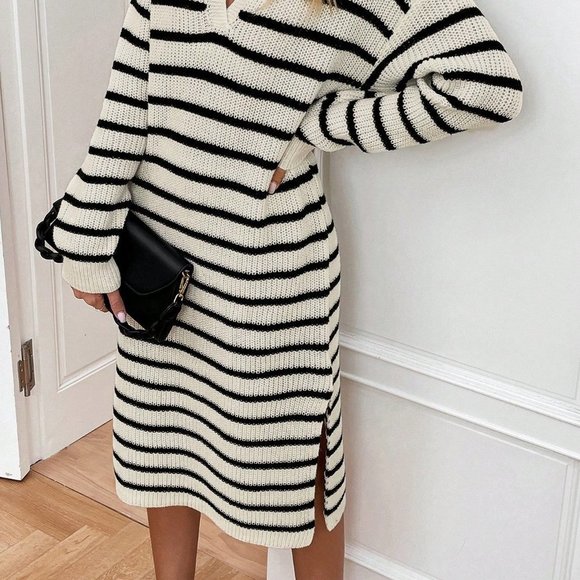 Black & White Boho Womens Stripe Pattern Drop Shoulder Split Thigh Sweater Dress - Picture 4 of 6